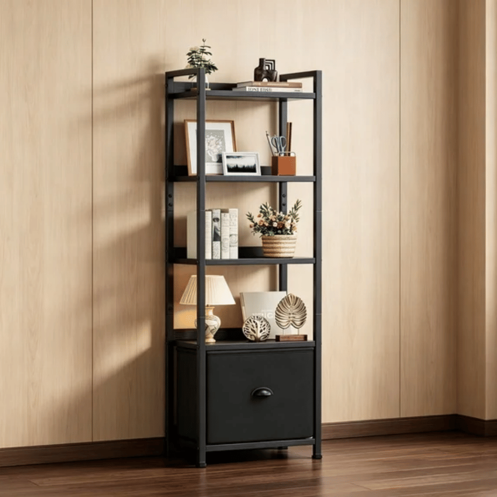 5 Tier Bookshelf 55"x15" Bookcase with Fabric Drawer Open Storage Shelves Free Standing Wooden Display Rack,Black