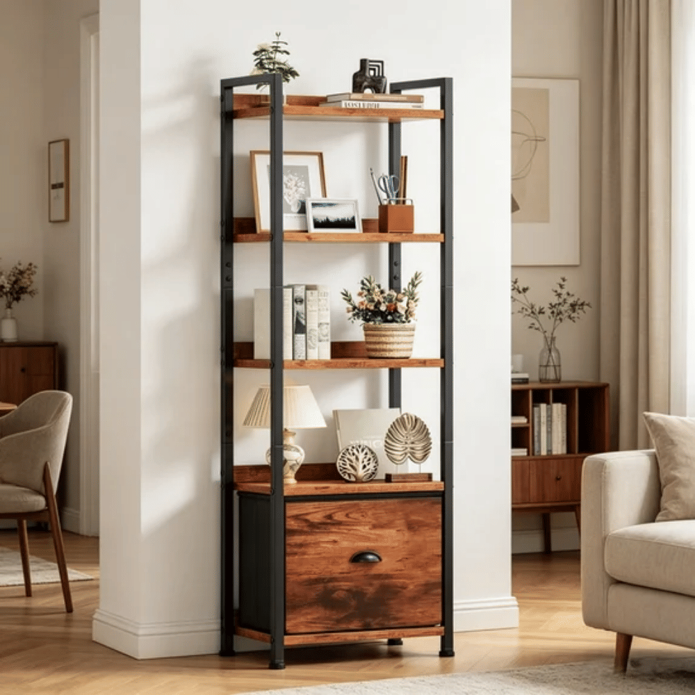 5 Tier Bookshelf 55"x15" Bookcase with Fabric Drawer Open Storage Shelves Free Standing Wooden Display Rack,Rustic Brown