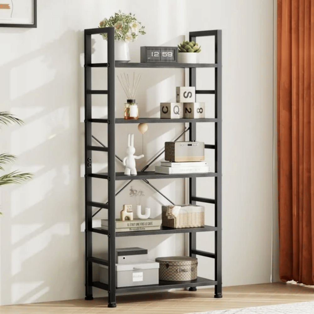 5-Tier Bookshelf 62"x24" Industrial Storage Shelf Free Standing Bookcase Metal Frame Bookcase with Open Storage Shelves,Black