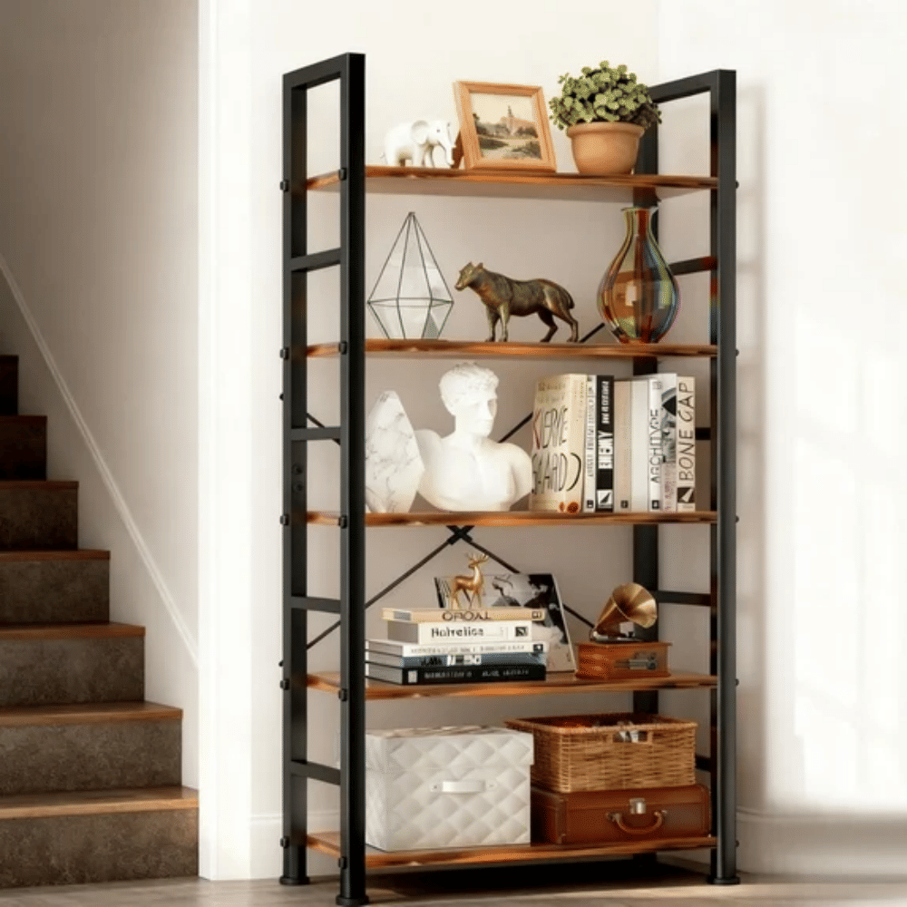 5-Tier Bookshelf 62"x24" Industrial Storage Shelf Free Standing Bookcase Metal Frame Bookcase with Open Storage Shelves,Rustic Brown