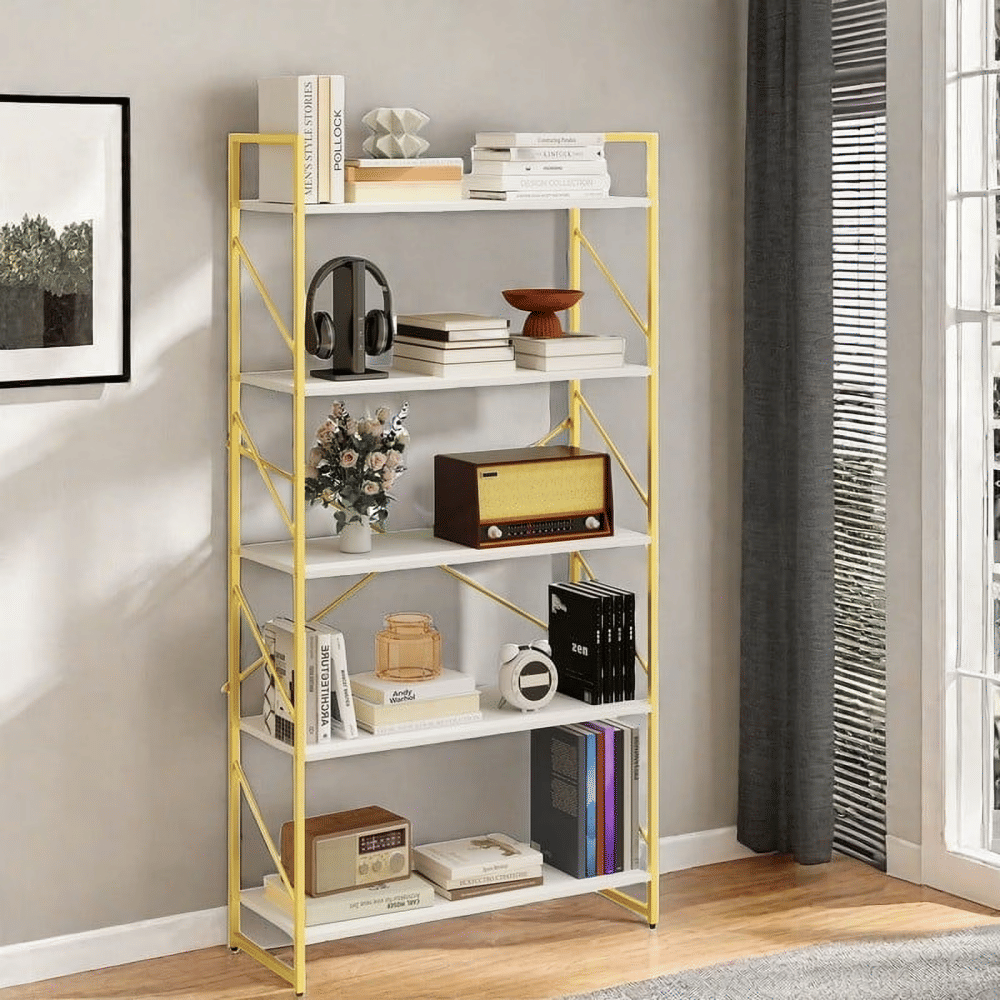 5 Tier Bookshelf, Modern Gold& White Bookcase, Open BookcaseStorageOrganizer for Bedroom, Living Room andHomeOffice, Gold (Shipment from Walmart)