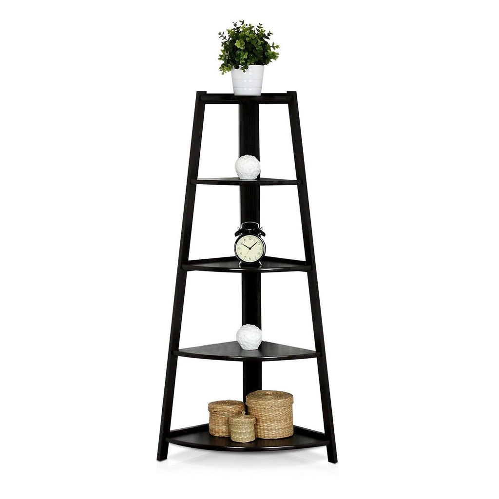 5 Tier Corner Shelf Stand Wood Display Storage Home Furniture Black--YS