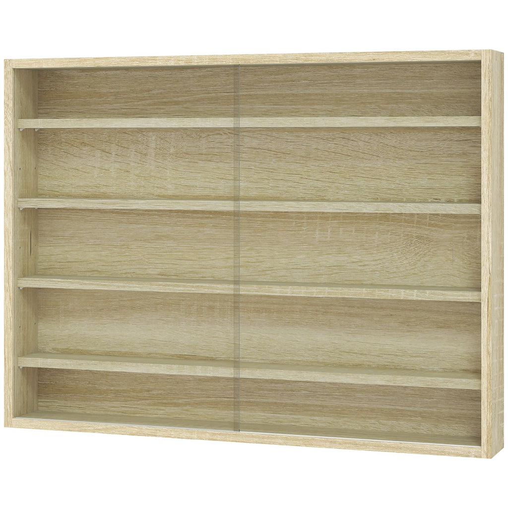 5-Tier Display Cabinet, Wall-Mounted Display Case with 2 Glass Doors and Adjustable Shelves, Oak