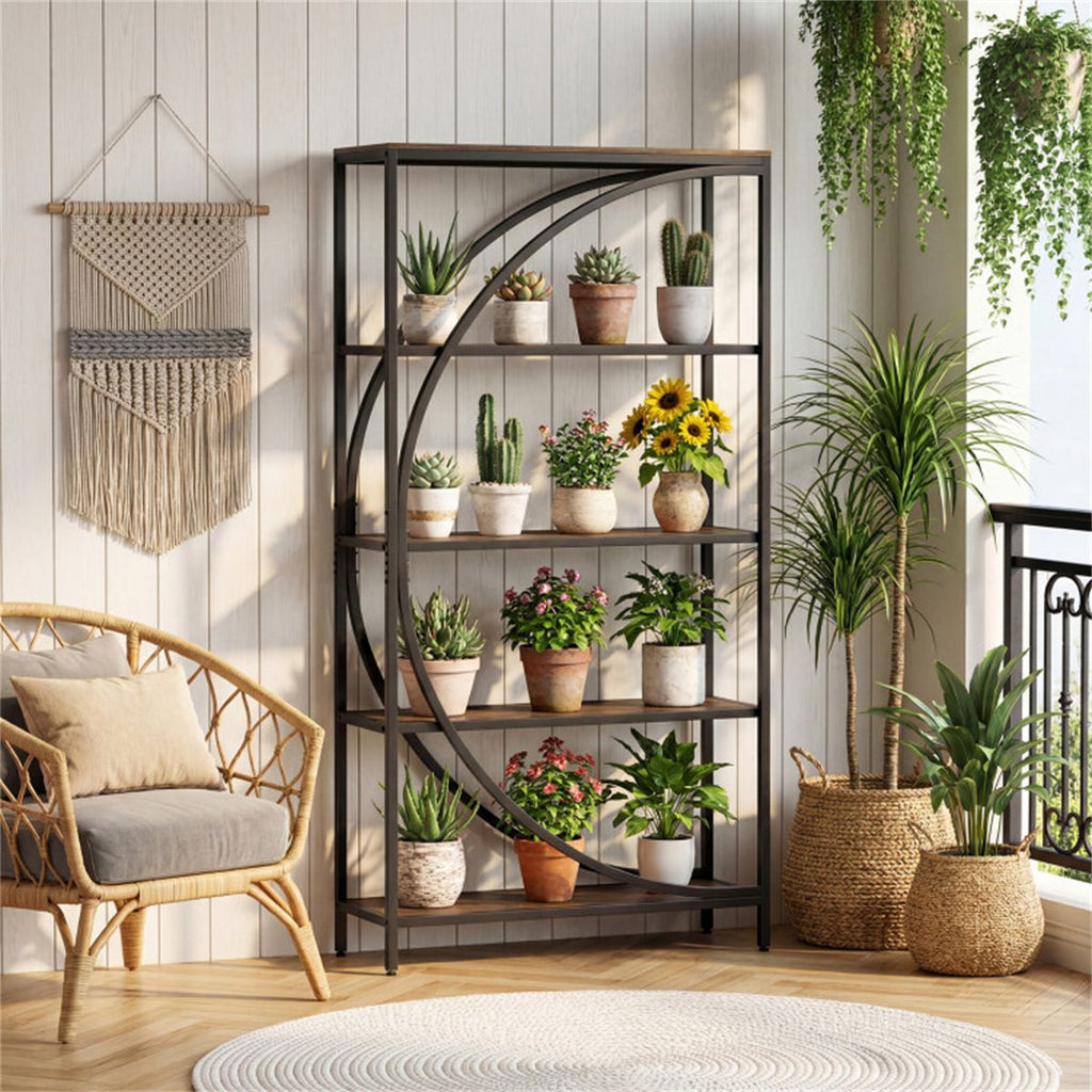5-Tier Half-Moon Geometric Bookshelf Industrial Open Bookcase with Anti-Tipping Device
