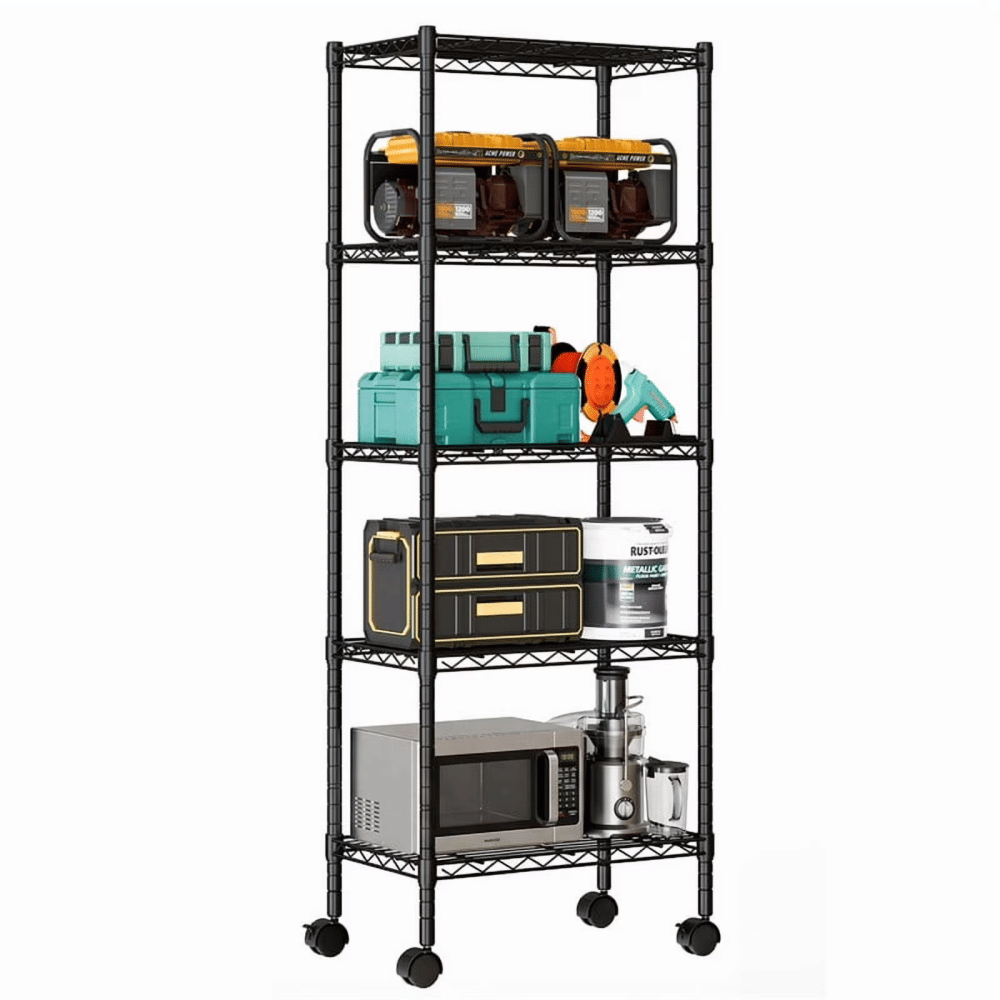 5 Tier Heavy Duty Adjustable Wire Shelving with Wheels, Storage Racks for Garage Kitchen Pantry Laundry Office, Easy Assembly, 23"D x 13"W x 60"H(Shipment from Walmart)