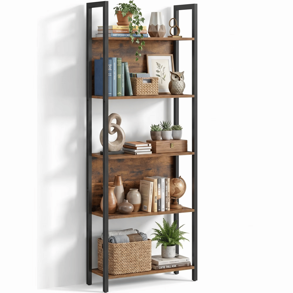 5-Tier Industrial Bookshelf, SlimStorageBookcase with Steel Frame, Rustic BrownandBlack