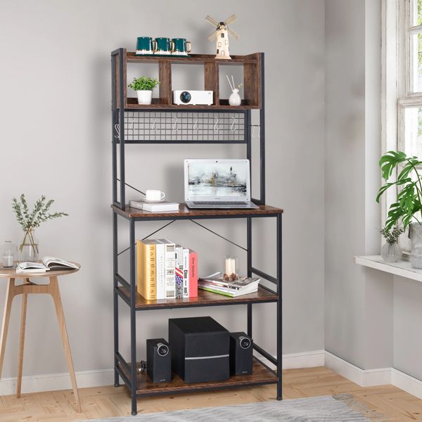 5-Tier Kitchen Bakers Rack with 10 S-Shaped Hooks and 3 Cubes ; Industrial Microwave Oven Stand; Free Standing Kitchen Utility Cart Storage Shelf Organizer (Rustic Brown)