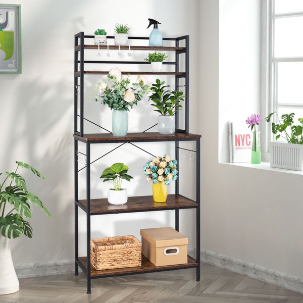 5-Tier Kitchen Bakers Rack with 10 S-Shaped Hooks; Industrial Microwave Oven Stand; Free Standing Kitchen Utility Cart Storage Shelf Organizer (Rustic Brown)