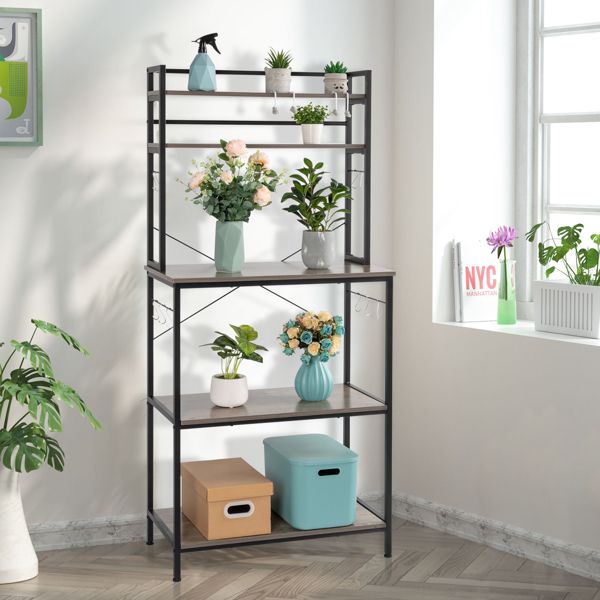 5-Tier Kitchen Bakers Rack with 10 S-Shaped Hooks; Industrial Microwave Oven Stand; Free Standing Kitchen Utility Cart Storage Shelf Organizer (Rustic Gray)