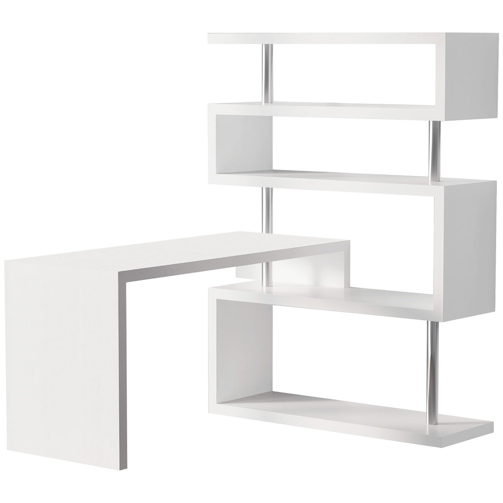 5 Tier L-Shaped Desk 360° Rotating Design Office Desk with MDF Display Shelves Stainless Steel White