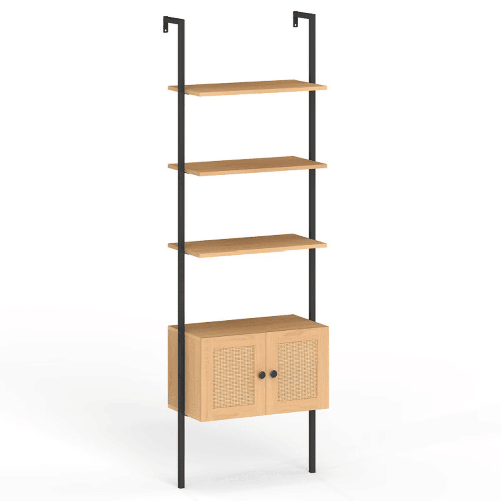 5-Tier Ladder Bookcase with Rattan Cabinet and Metal Frame Natural, 23.5" x 12.5" x 72.5" - OpenStorageDisplay RackforHomeOffice
