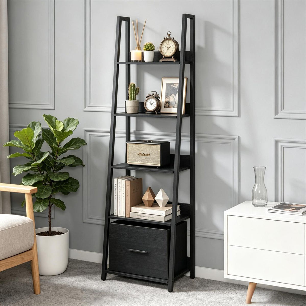 5-Tier Ladder Shelf with Fabric Drawer, Narrow Industrial Bookshelf with Anti-Tip Device & Back Baffle, Wooden Metal Storage Rack for Home Office - Black