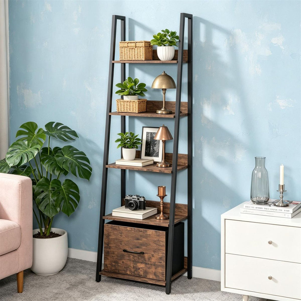 5-Tier Ladder Shelf with Fabric Drawer, Narrow Industrial Bookshelf with Anti-Tip Device & Back Baffle, Wooden Metal Storage Rack for Home Office - Rustic Brown