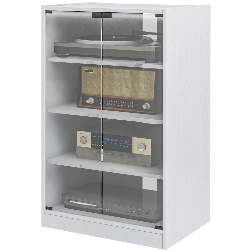 5-Tier Media Cabinet, Media Stand with Adjustable Shelves, Tempered Glass Doors, and Cable Management, Distressed White
