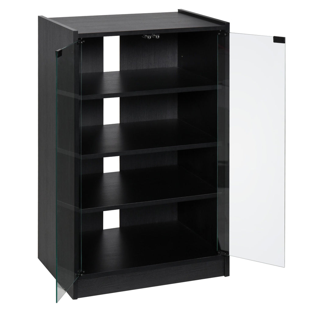 5-Tier Media Stand Cabinet with Adjustable Shelves, Tempered Glass Door for TV Gaming Consoles DVD Player Receiver, Black