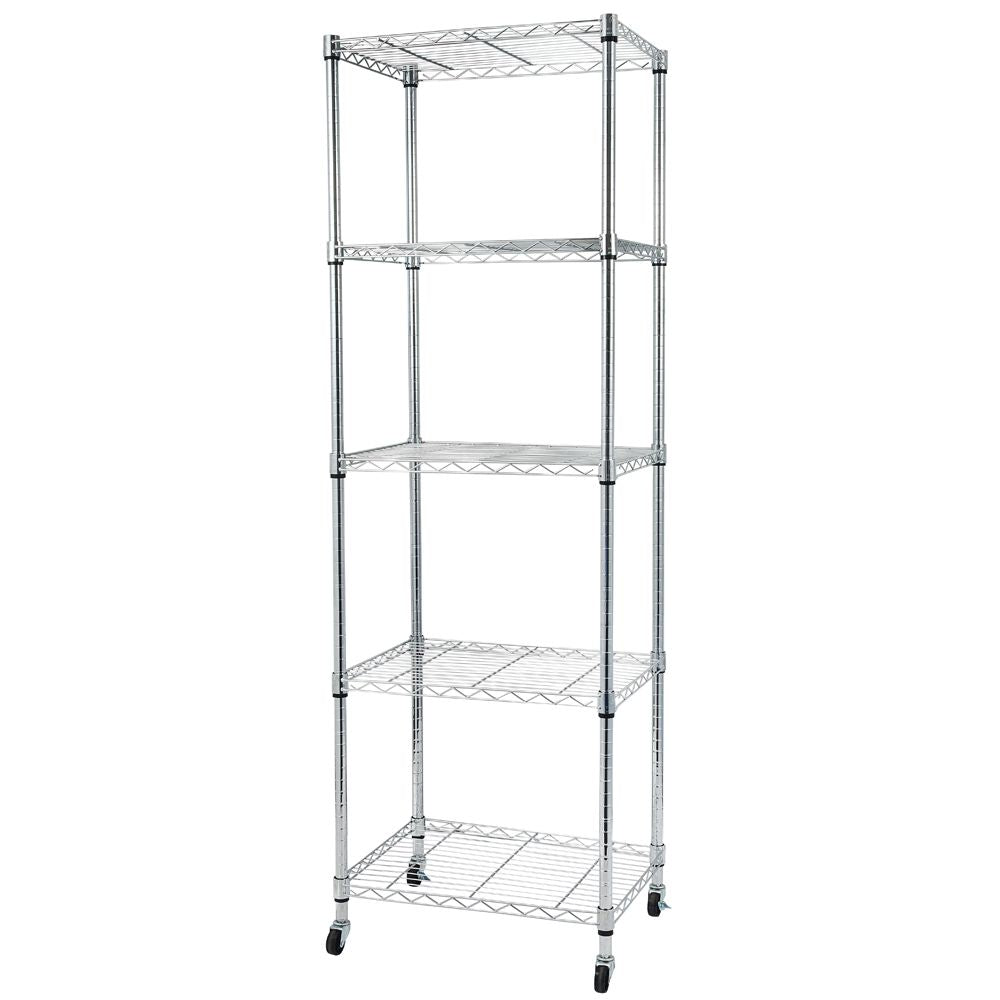 5-Tier NSF Heavy Duty Adjustable Storage Metal Rack with Wheels & Shelf Liners Ideal for Garage, Kitchen, and More - Chrome