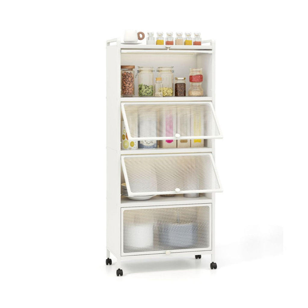 5-Tier Rolling Microwave Stand Flip Dust-Proof Doors 4 Casters with Brakes Kitchen Storage Rack White