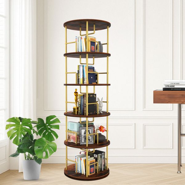 5 Tier Rotating Bookshelf, 360° Display Round Spinning Bookshelf, Wood & Metal Stackable Spinning Bookshelf Tower, Space Saving Floor Standing Swivel Bookcase for Bedroom, Living Room, Office, Gold