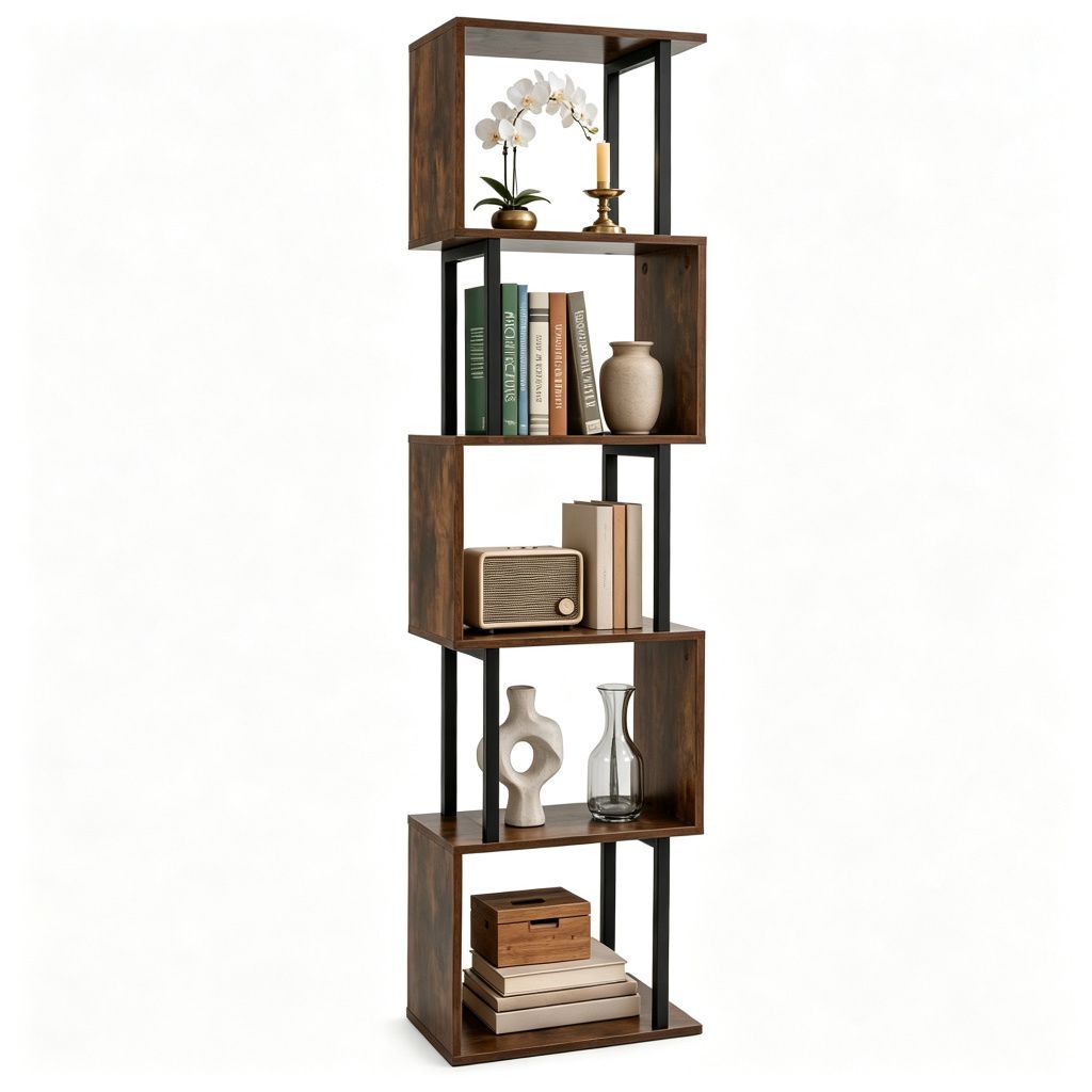 5-Tier S-Shaped Bookshelf, Modern Geometric Freestanding Display Shelf with Heavy-Duty Metal Frame, Anti-Tipping Vertical Storage Bookcase for Living Room Bedroom Office - Rustic Brown
