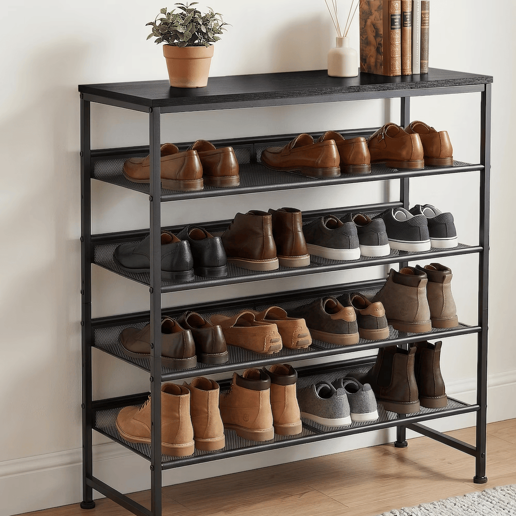 5-Tier Shoe Rack with Wooden Top, MetalStorageShelffor16-20 Pairs, Rust-Resistant Entryway Shoe Organizer, Black
