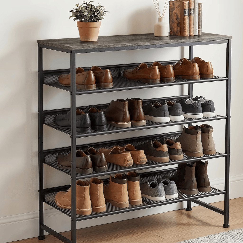 5-Tier Shoe Rack with Wooden Top, MetalStorageShelffor16-20 Pairs, Rust-Resistant Entryway Shoe Organizer, Gray