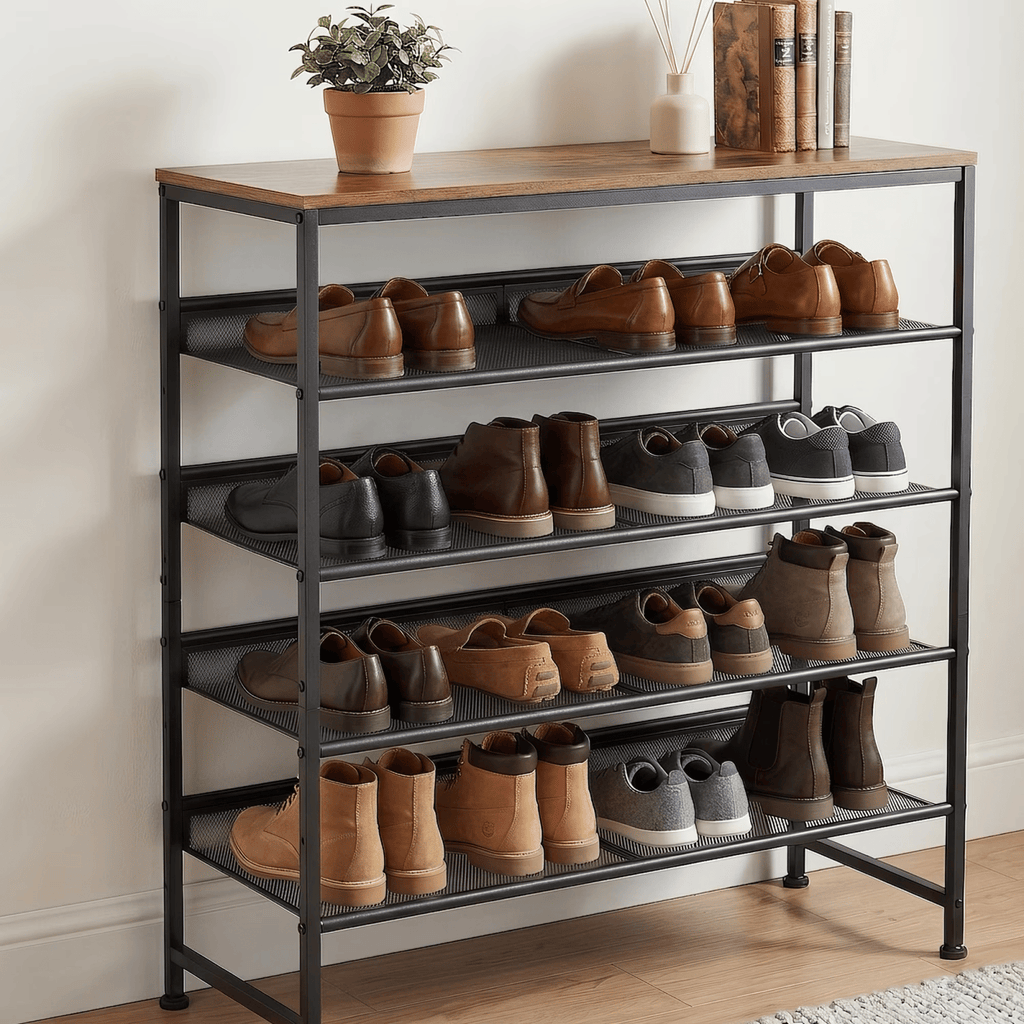 5-Tier Shoe Rack with Wooden Top, MetalStorageShelffor16-20 Pairs, Rust-Resistant Entryway Shoe Organizer, Rust Brown