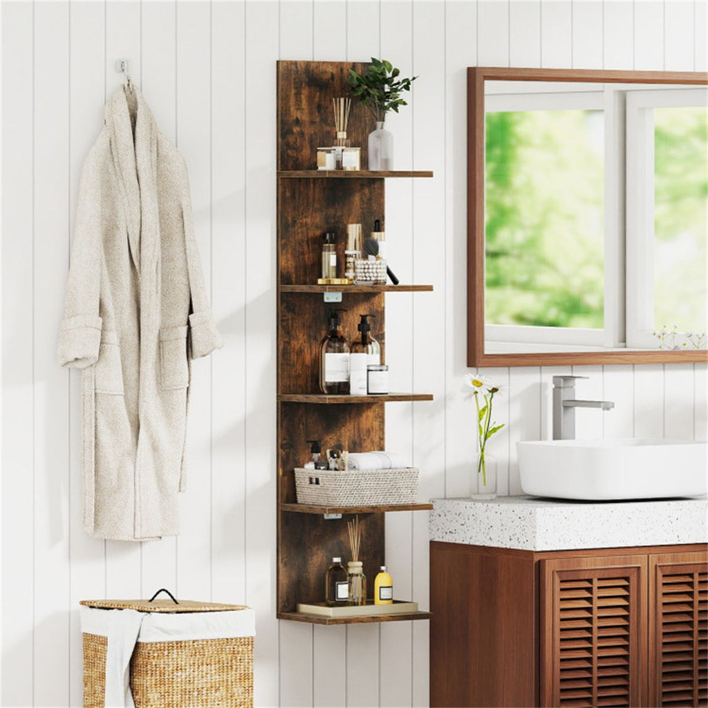 5-Tier Wall Mounted Floating Shelf, 30.48×21.59×129.54cm Rustic Brown Engineered Wood Shelving with 11LBS Per Shelf, 9.5" Spacing