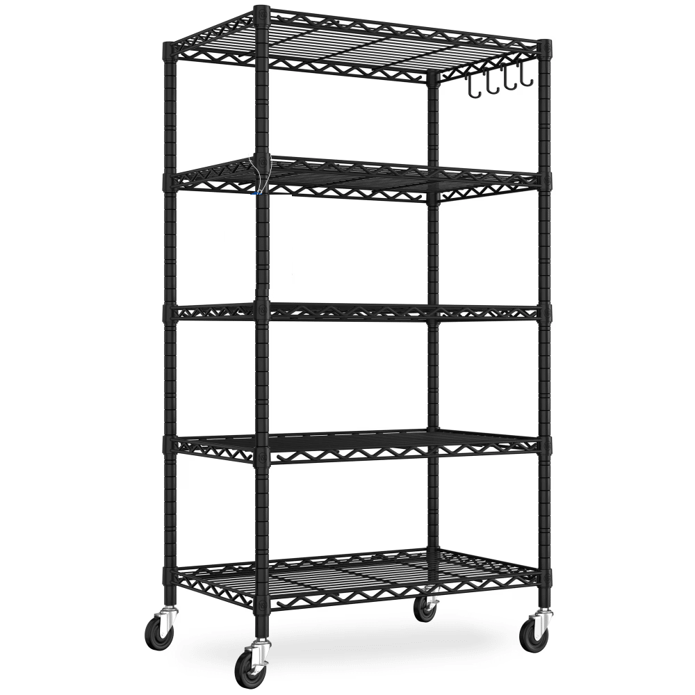 5-Tier Wire Shelving with Wheels 24"W x 18"D x 72"H Adjustable Heavy Duty Steel Wire Rack, Metal Storage Shelves for Kitchen Pantry, Rolling Garage Shelving Unit, Black(Shipment from Walmart)
