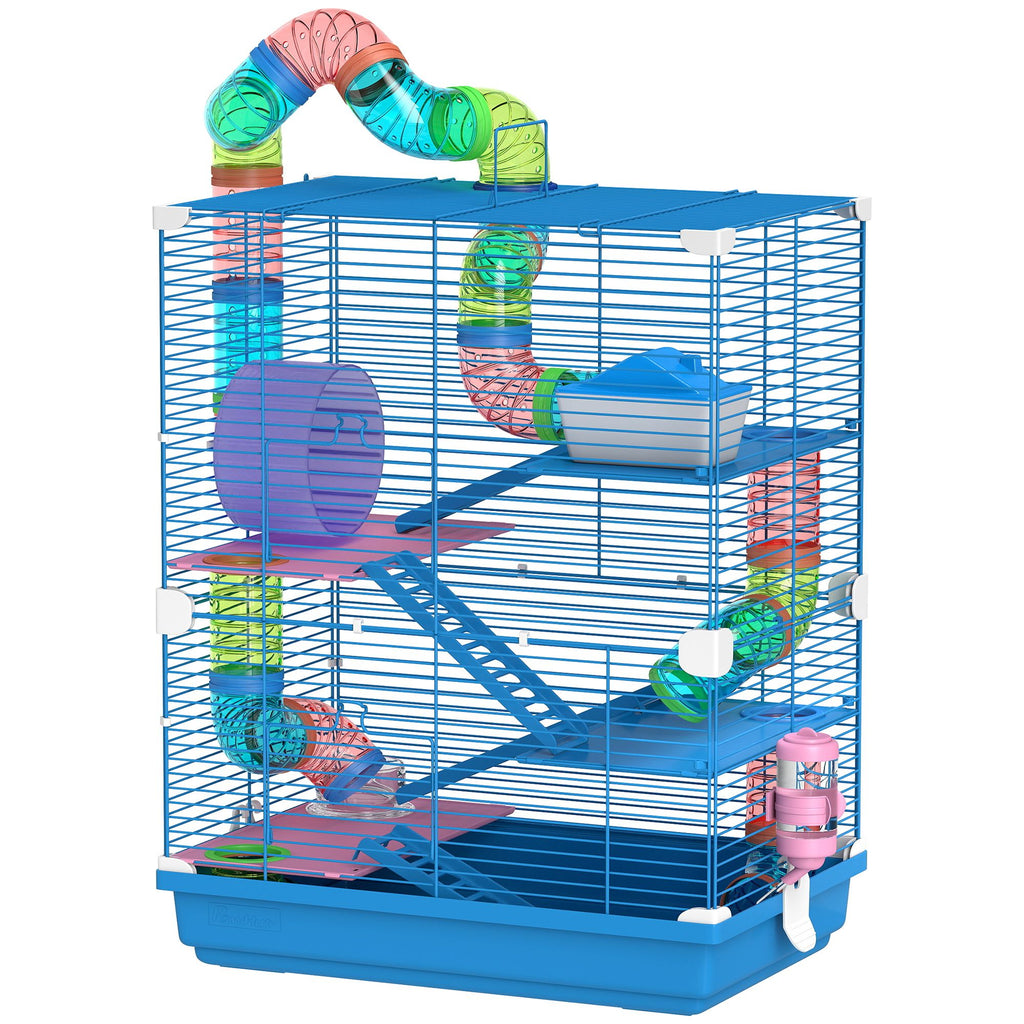 5 Tiers Hamster Cage Portable Animal Travel Carrier w/ Exercise Wheels Tube, Blue