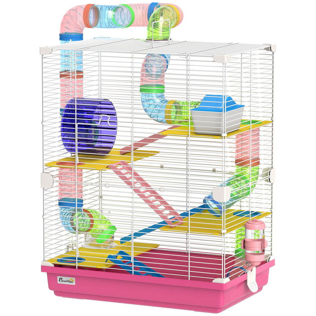 5 Tiers Hamster Cage Portable Animal Travel Carrier w/ Exercise Wheels Tube, Pink