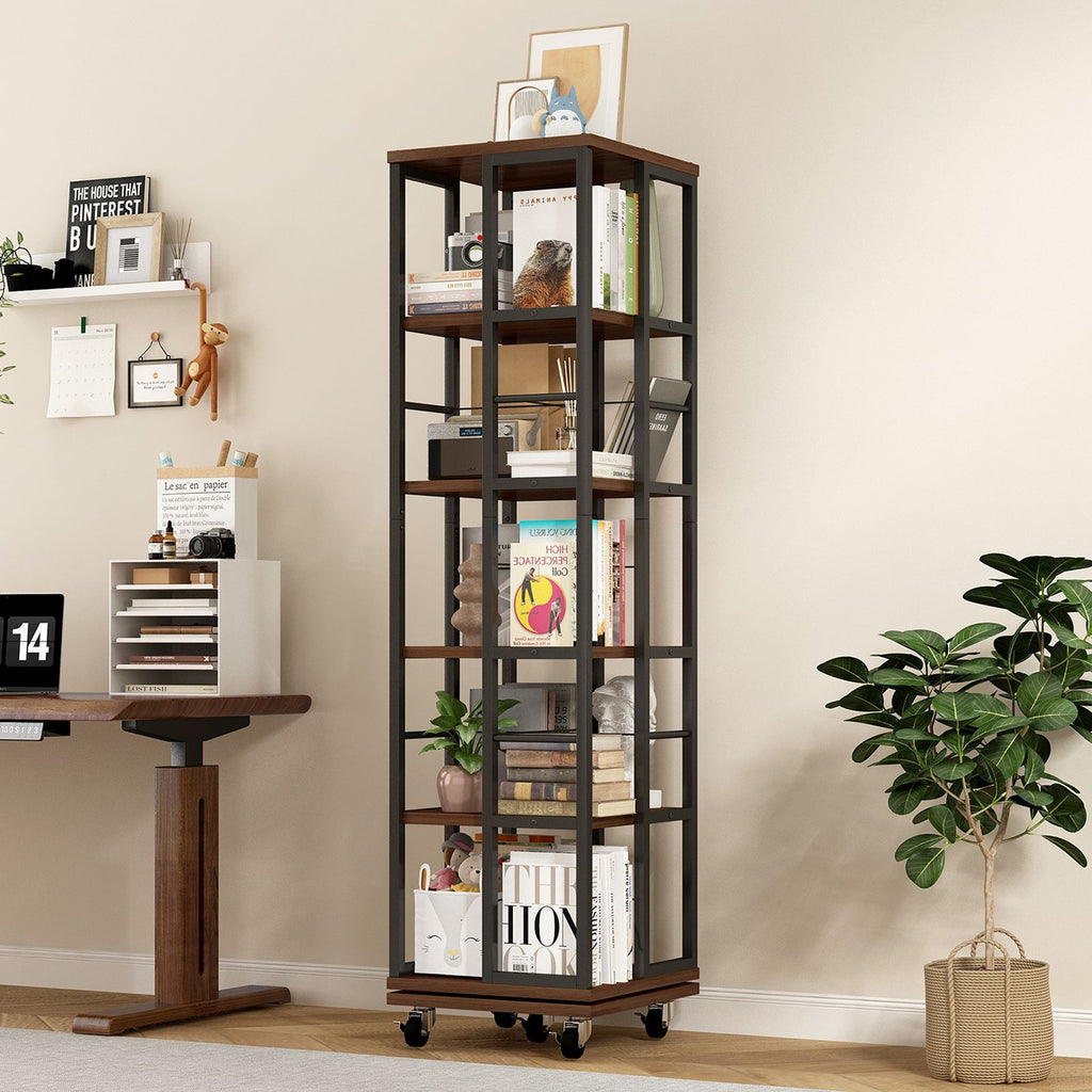 5 Tiers Rotating Bookshelf, Corner Bookcase, 360 Display Wood Spinning Bookshelves, Floor Standing Bookcase Narrow Shelf, Rustic Brown