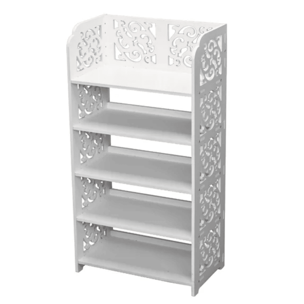 5 Tiers White Shoe Rack, Wood-plastic Board Carved Hollow Shoe Storage Rack, Waterproof Damp Proof Easy Clean Shoe Organizer, Suitable for Living Room Hall Study Bedroom Home Use