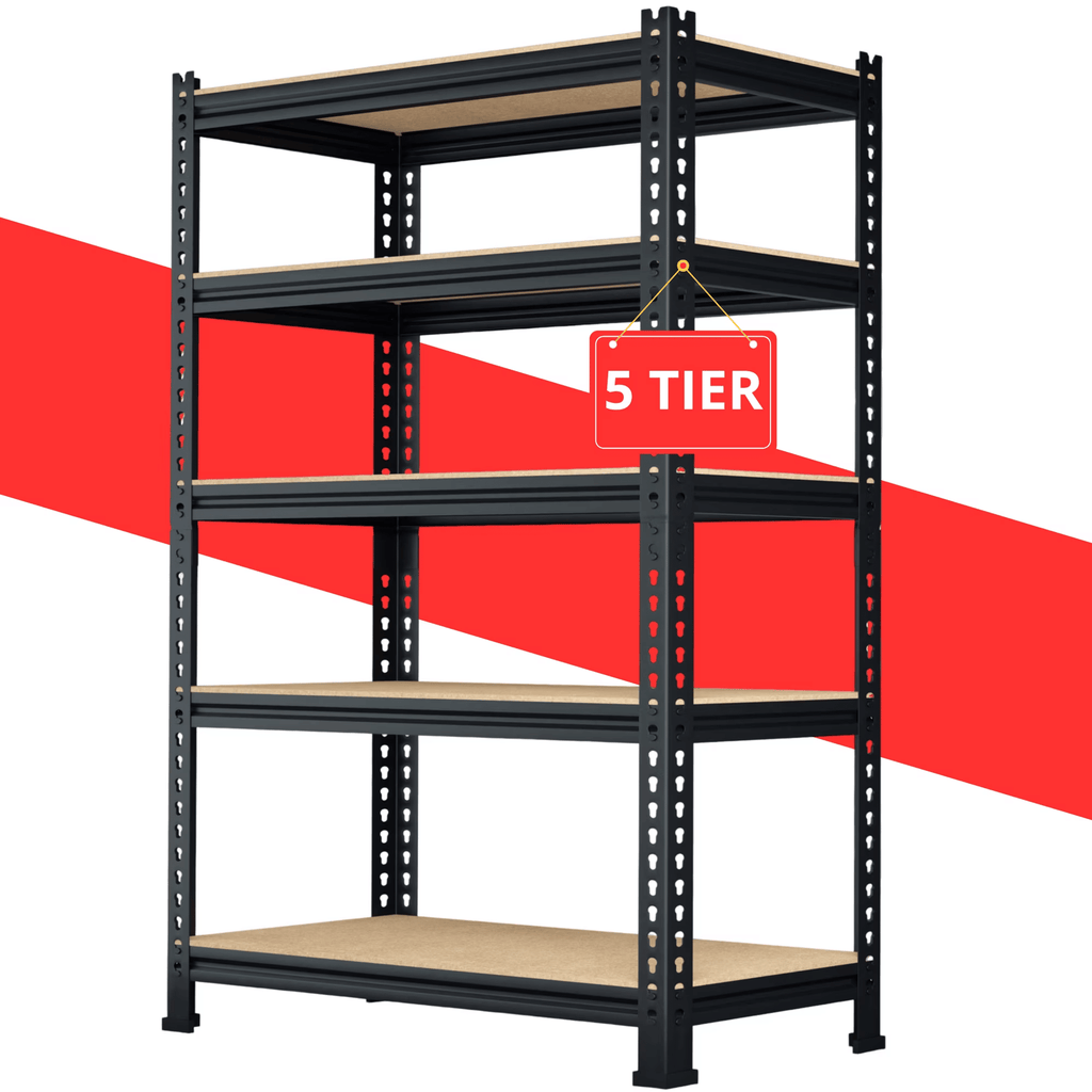 5 TireStorageShelves 28" W x 12" D x 59" H Metal Utility Shelving Unit Adjustable Heavy Duty GarageStorageRackforKitchenBasement Pantry Warehouse Cloest, 1325lbs, Black