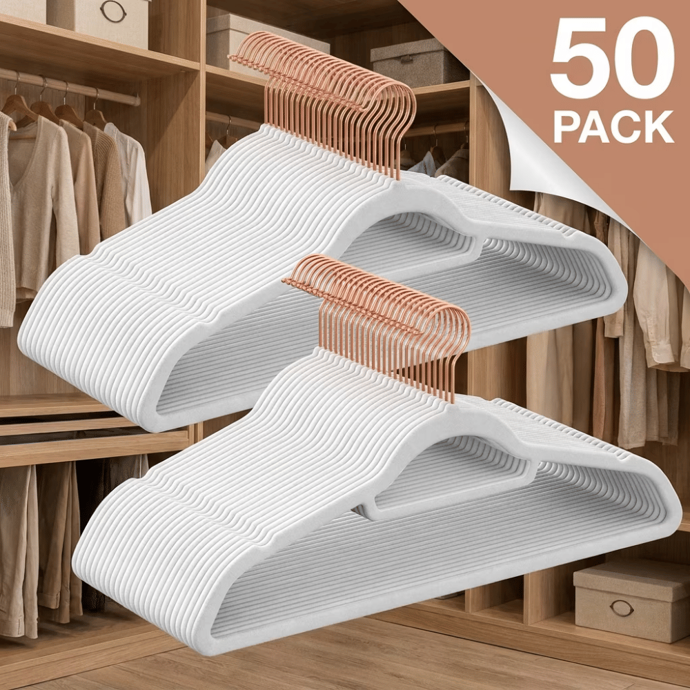 50-Count Cloud White Velvet Hangers, Space Saving