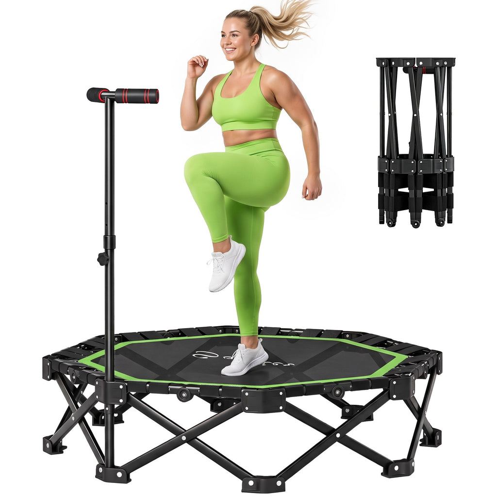 50" Foldable Mini Trampoline for Adults, One-Step Fold & Open, 550LBS Capacity, 3-Level Adjustable Handle, Green