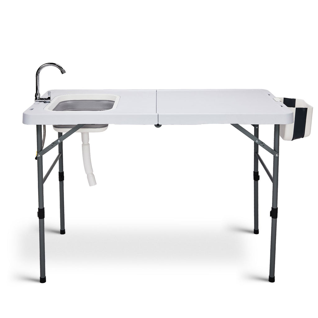 50" Folding Fish Cleaning Table with Sink, Bi-Folding Portable Camping Sink Station with Drain Hose, Trash Can, Foldable Outdoor Sink for Camping, Fishing, BBQ