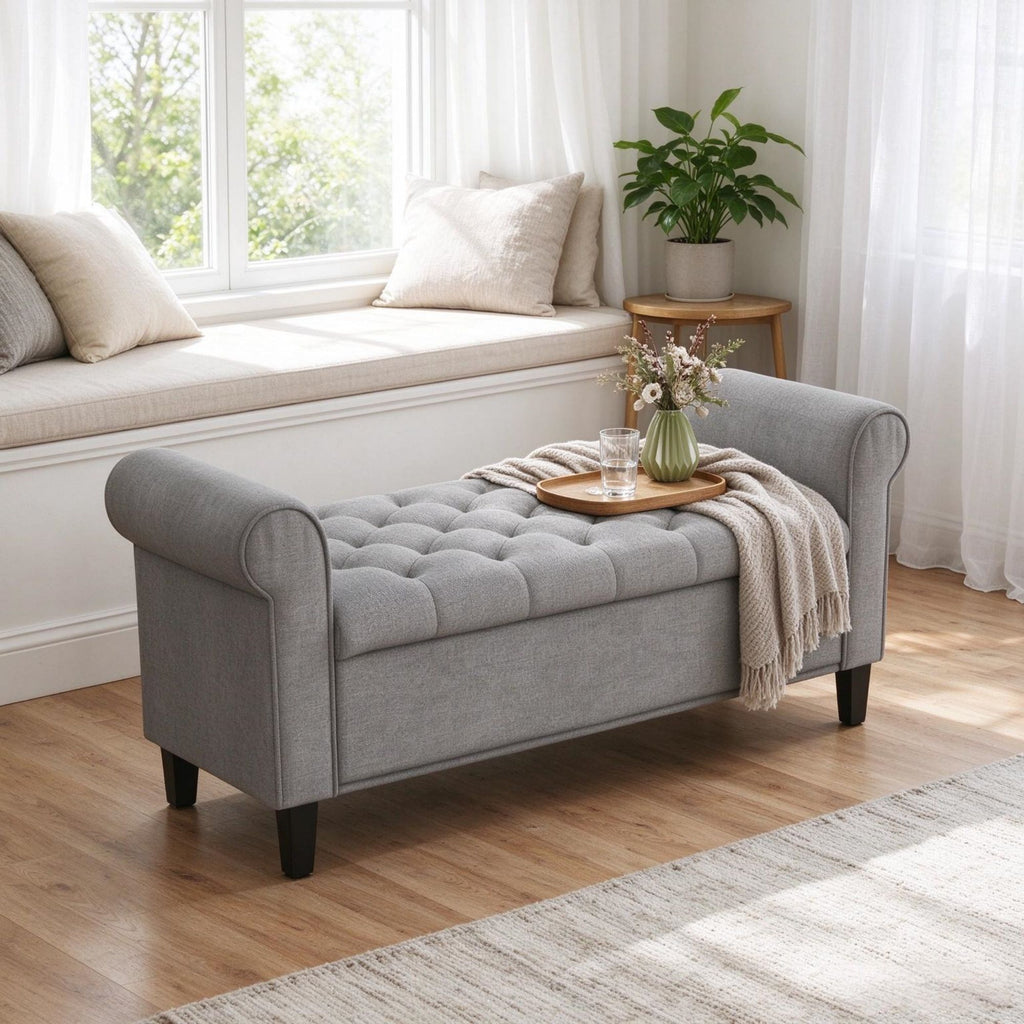 50 Inch End of Bed Storage , Button Tufted Bench with Rolled Arms & Wood Legs
