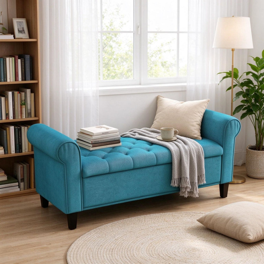 50 Inch End of Bed Storage , Button Tufted Bench with Rolled Arms & Wood Legs