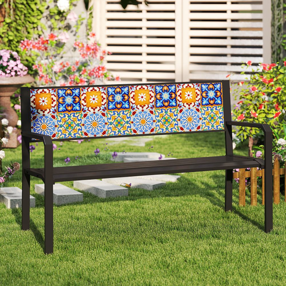 50 Inch Patio Metal Bench Slatted Loveseat for 2-3 People with Mosaic Backrest