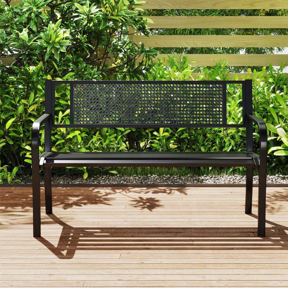 50 Inches Garden Bench with Patterned Backrest and Curved Armrests