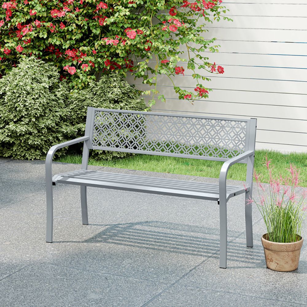 50 Inches Outdoor Garden Bench with Geometric Lattice Backrest and Slatted Seat