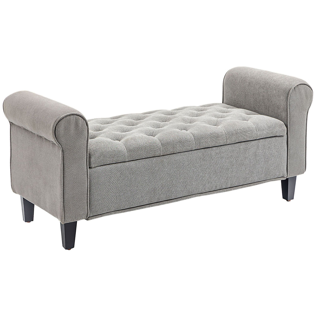 50 Inches Storage Ottoman Bench, End of Bed Storage Bench with Rolled Arms, Wood Legs, Button Tufted Storage Bench, Gray