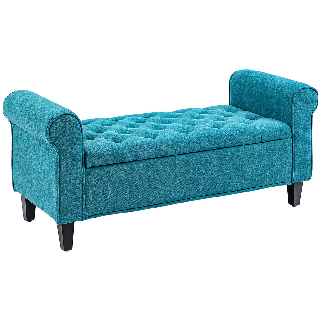 50 Inches Storage Ottoman Bench, End of Bed Storage Bench with Rolled Arms, Wood Legs, Button Tufted Storage Bench, Teal