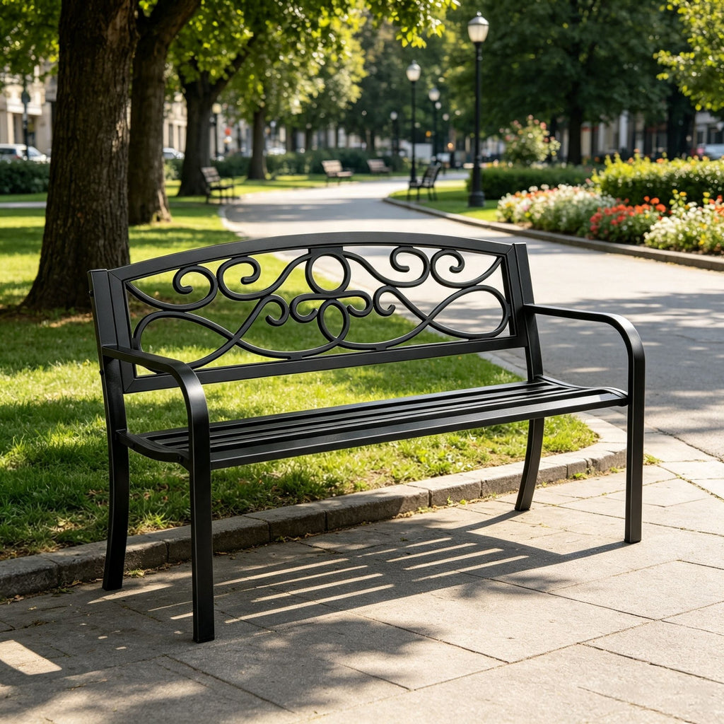50" Metal Outdoor Bench with Backrest & Armrests, 550 lbs Load Capacity, for Garden, Patio & Front Porch