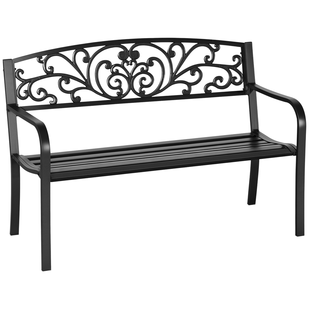 50" Outdoor Bench, Metal Garden Bench with Floral Pattern Backrest, Porch Bench with Slatted Seat for Park, Yard, Lawn, Black