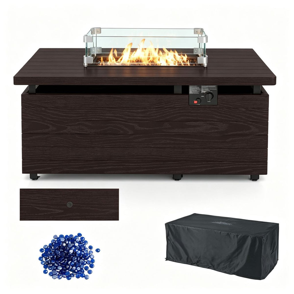 50000 BTU Outdoor Propane Fire Pit Table, 2-in-1 Convertible Rectangular Fire Pit & Coffee Table with Tempered Glass Wind Guard, Glass Stones, Rolling Tank Storage & Waterproof Oxford Cover - Brown