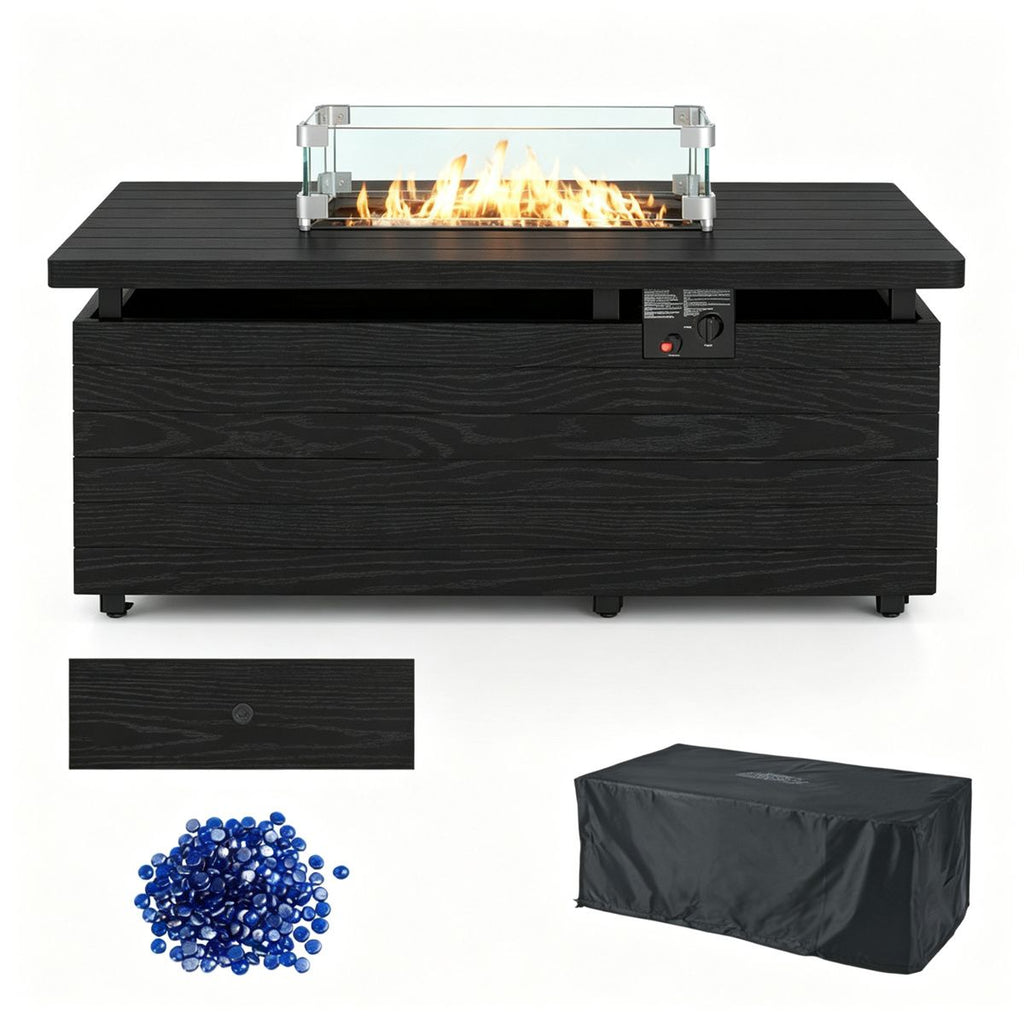 50000 BTU Outdoor Propane Fire Pit Table, 2-in-1 Convertible Rectangular Fire Pit & Coffee Table with Tempered Glass Wind Guard, Glass Stones, Rolling Tank Storage & Waterproof Oxford Cover - Black