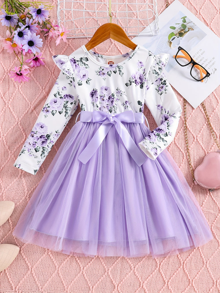 Girls Splicing Flora Print Flutter Trim Tutu Dress Kids Clothes Spring Fall Gift