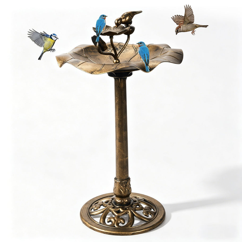 50*50*86cm Ancient Bronze Resin Bird Bath With Lotus Edge & Feeder Tray