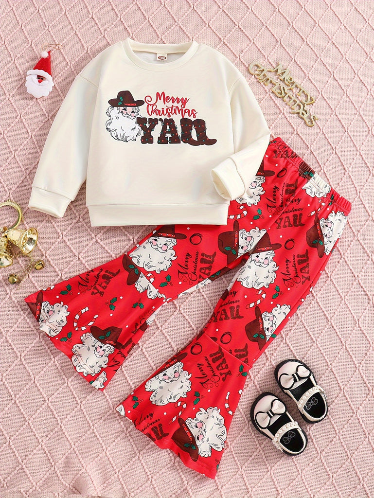 2pcs 'Merry Christmas Yall' Santa All Over Print Sweatshirt And Flare Leg Pants For Girls, Casual Kids' Clothes, For Spring Fall